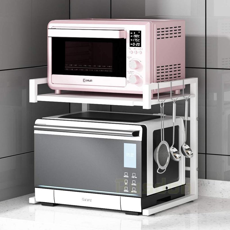 PUSDON Adjustable Carbon Steel Microwave Oven Rack, 2-Tier with 3 Hooks, 55lbs Weight Capacity, White - Image 3